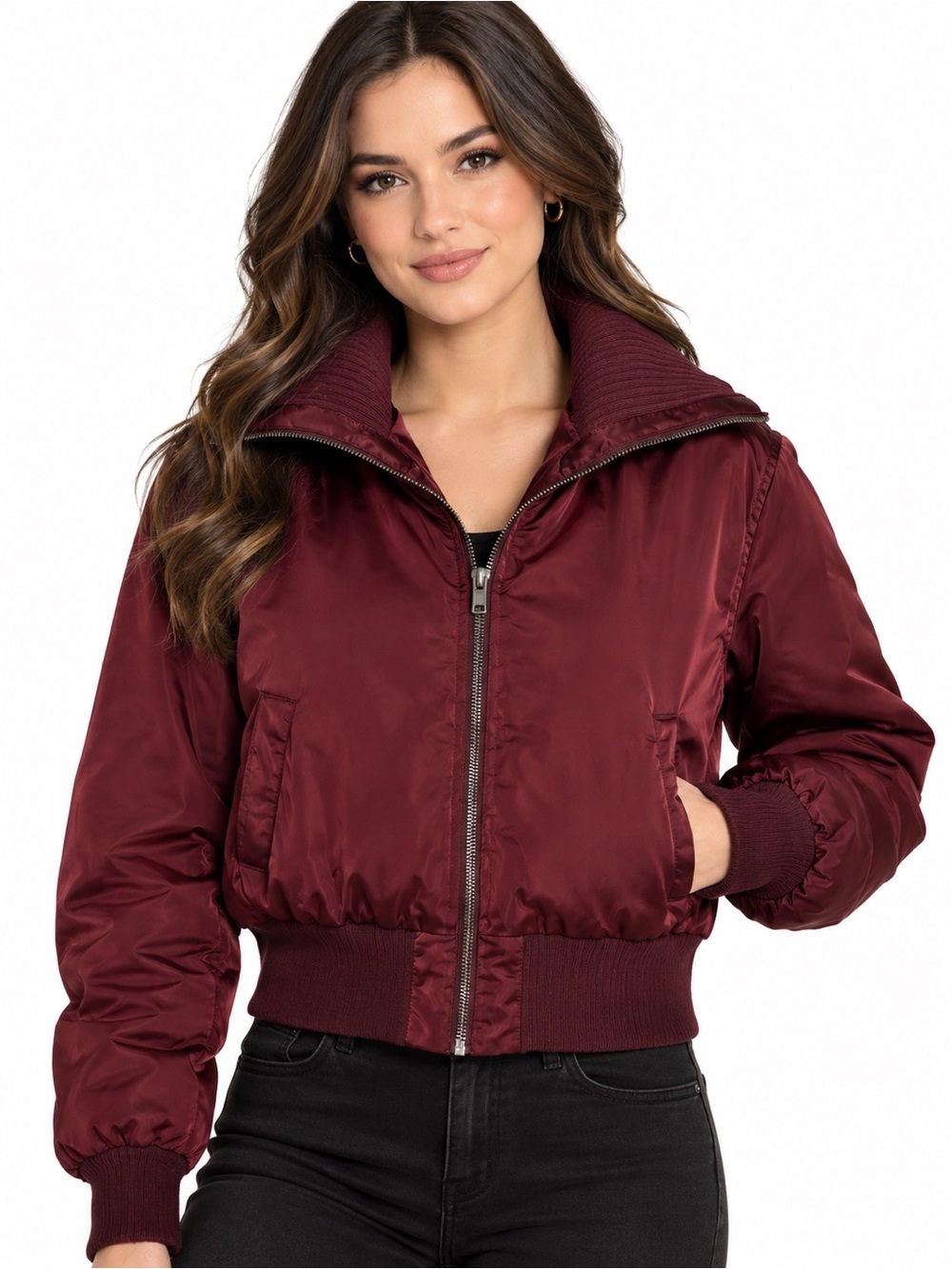 Wild Fable Burgundy Cropped Bomber Jacket Size Medium Ribbed Collar Zip Up